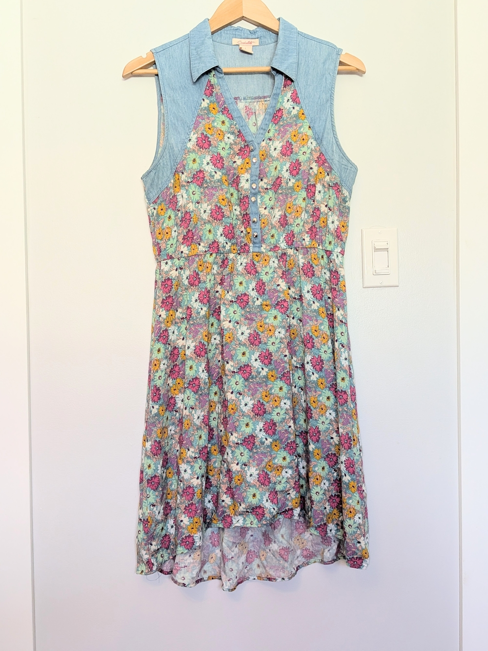 Catalina Floral Chambray-Trim Sleeveless Dress in Light Blue, Pink & Yellow - Picture 1 of 5